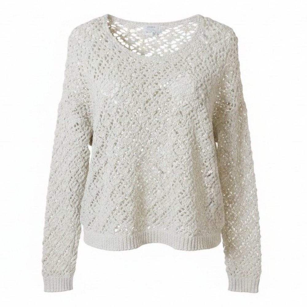 Artelier Nicole Miller Women Sweater L Cream Crochet Open Knit Boho Coastal